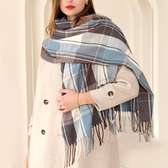 Accessories - NEW Large Plaid Cashmere Scarf Blue Cream Brown Fringe Winter Wrap Pashmina